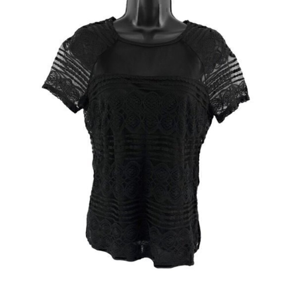 Laundry By Shelli Segal Scalloped Lace Short‎ Sleeve Blouse Top Black Size Small